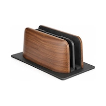 Ahşap Dikey Laptop Standı, Çift Yuvalı 2 Cihazlık Macbook Ve Notebook Tutucu, Masaüstü Organizer, Kaymaz Tabanlı Ahşap Metal Bilgisayar Standı Kahverengi