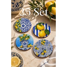 Limon Desenli Bardak Altlığı 25 Set Toplam 100 Adet 9 Cm Mdf Sicilya Çok Renkli