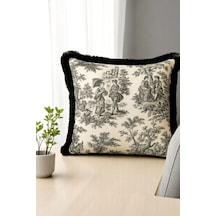 Siyah Püsküllü Fransız Köylüler Baskılı Keten Kırlent Kılıfı Çok Renkli