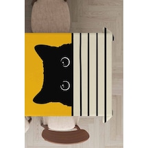 Sarı Kedi Motifli Dokuma Leke Tutmaz Masa Örtüsü Mso064n11
