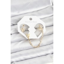 Mey İthalat Kelebek Model Pirinç Gold Renk Zincir Bağlantılı Ear Cuff Küpe Seti - Özel Seri Meyeb694f90cc6619f618e10d3313 altın