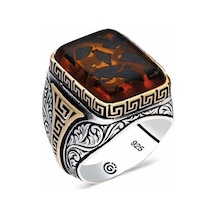 Hk Gümüş Erkek Yüzük Kahverengi Taşlı Köşeli Gümüş Takı Hediyelik Ürünler-202207 Çok Renkli