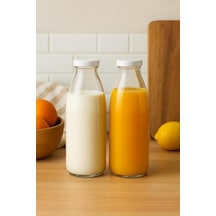 2 Adet Beyaz Plastik Kapaklı 1 Litre Şeffaf Sürahi Süt, Ayran, Su, Limonata Meşrubat Şişesi Cam Şişe