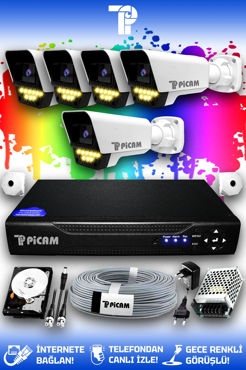 Picam 5 Kameralı Süper 5 Dış Kamera Set 1 TB 5 MP 2K Net Renkli Gece Görüşlü Güvenlik Kamerası Sistemi