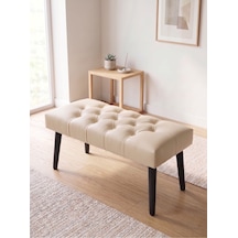 Modern Kapitoneli Krem Deri Kumaş Bench Puf Oturma Bankı Ahşap Siyah Ayaklı Demonte 90x45