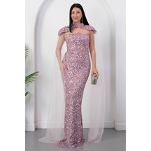 Kalopya Straplez Yaka Bolerolu Pullu Abiye Elbise Ecr5683 Pembe