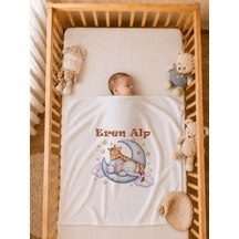 İsme Özel Erkek Bebek Battaniyesi 80x80 Cm %100 Pamuk Çift Kat Penye Organik Baskılı İsimli Bebek Battaniyesi 1053bg Ekru