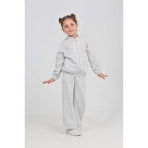 Toontoy Kids Toontoy Kız Çocuk 2'li Takım Çizgili Kapüşonlu Fermuarlı Cepli Sweatshirt & Beli Lastikli Bol Paça Eşofman Altı - Müslin Koyu Gri