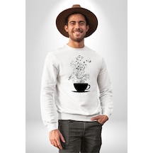 Kahve Müzik Nota Unisex Beyaz Sweatshirt Beyaz