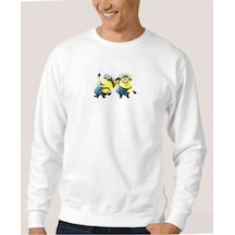 Minionhappy Minions Baskılı Beyaz Erkek Örme Sweatshirt