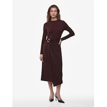 Koton Koton X Sibil Çetinkaya - Uzun Kollu Dik Yaka Metal Aksesuarlı Slim Fit Maxi Elbise Kahverengi 7wak80008fk Kahve