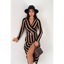 Dipmoda Kadın Kemerli Midi Boy Çizgili Elbise Kklf48 Camel