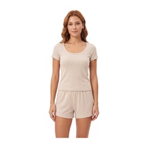 Cottonill Premium - Neat Collection Bej Rib Dokulu Yuvarlak Yaka Modal Viskon Şortlu Kadın Pijama Takımı
