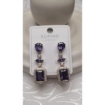 Uzel Xuping Küpe Çelik Sarı Etrafı Mor Taşlı Küpe, Dik Kesim Zirkon Taşlı Çelik Küpe