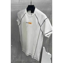 Unisex Dikişli Baskılı Oversize T-shirt - Beyaz Beyaz Unisex Dikişli Baskılı Oversize T-shirt - Beyaz Beyaz
