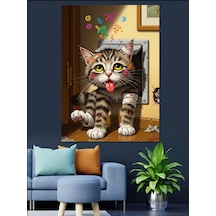Ahşap Tablo Kapıdan Çıkan Komik Dil Çıkaran Kedi Hayvan Tabloları