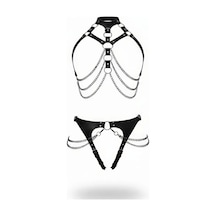 İkikareshop Siyah Harness Takım Zincir Detaylı Halkalı Vücut Aksesuarı - Brf1387 Çok Renkli