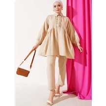 Lovie Moda Kadın Önü Fırfır Detaylı Takım Bej