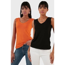 Lela Slim Fit V Yaka Kalın Askılı 2' Li Paket Bayan Bluz 5864384S2 Siyah-Oranj