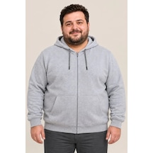Erkek Battal Büyük Beden Üç İplik İçi Şardonlu Kapüşonlu Tam Fermuarlı Kışlık Sweatshirt - Gri