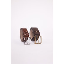 Tudors Erkek 2'li Set 3,5 Cm Klasik 4 Cm Spor Kahverengi Kemer-34502 Kahverengi