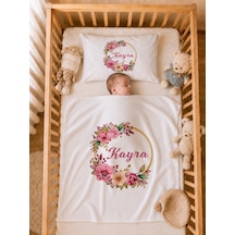 İsme Özel Kız Bebek Battaniye 80x80 Cm Ve Yastık Kılıfı 35x45 Cm %100 Pamuk Organik Baskılı Bebek Seti Bebek Hediyesi 1072yb Krem