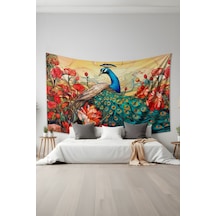 Tavus Kuşu Desenli Duvar Halısı Duvar Örtüsü Tapestry Süet Dokulu Kumaş