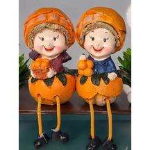 Ayakları Sallanan Portakal Kızlar Figürlü 2'li Biblo Seti Dekoratif Obje Hediyelik 24 Cm. Büyük Boy
