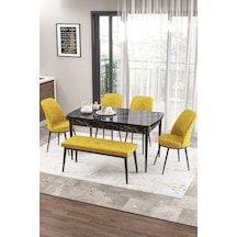 Canisa Zen Serisi 80x132 Mdf Açılabilir Siyah Mermer Desen Masa Takımı 4 Hardal Sandalye Ve 1 Bench Masa Siyah Sandalyeler Hardal Sarısı