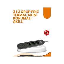 Mey İthalat 2 Metre Kablolu 3 Usb Portlu Anahtarlı Üçlü Priz