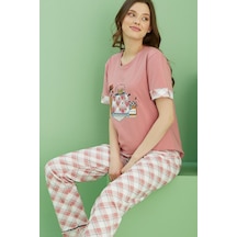 Siyah İnci Bisiklet Yaka Örme Pamuklu Pijama Takım25113216 Somon