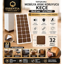 Yapışkanlı Mobilya Ayak Koruyucu Keçe 25x25 Mm 32'li Paket Kaydırmaz Zemin Çizmez Keçesi Kahverengi