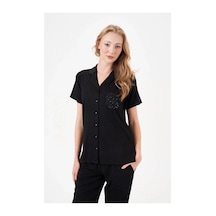 Angbutik Pjs 29006 Kadın Kısa Kol Önden Düğmeli Pijama Takımı Siyah