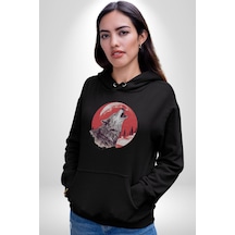 Uluyan Beyaz Kurt Kadın Erkek Siyah Kapüşonlu Sweatshirt Hoodie Siyah