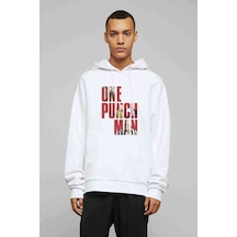 One Punch Man Baskılı Beyaz Erkek Örme Kapşonlu Sweatshirt (531037797)