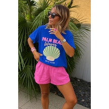Palm Beach Waves Baskılı Unisex Tshırt Saks Mavisi
