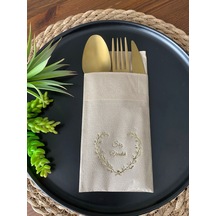 Gold Yaldızlı Kraft Söz Verdik Kalp Çelenk Cepli Peçete 12 Lı 40x40