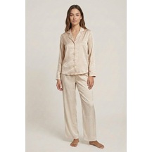 Desenli Saten Dokuma Pijama Takımı Bej