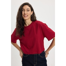 Tudors Kadın Slim Fit Dar Kesim Pamuk Kısa Kollu Bisiklet Yaka Bordo Crop Tişört-50468 L