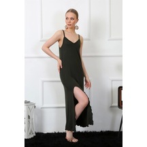 Moda Çizgi Kadın İp Askılı Haki Uzun Gecelik 901 Haki