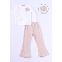 Kız Çocuk Triko Takım Fiyonklu Fırfırlı İspanyol Paça E21 Bej