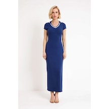 Benerly Kadın Çizgili V Yaka Bodycon Maxi Elbise Ay Kol Kısa Kollu Viskon Lacivert