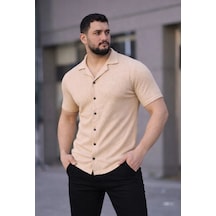 Erkek Waffle Kumaş Kısa Kollu Düğmeli Açık Yaka Regular Fit Gömlek - Bej Bej