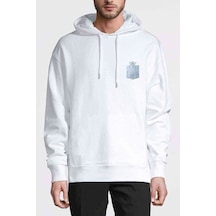 Rick Cep Baskılı Beyaz Erkek Örme Kapşonlu Sweatshirt