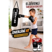 Çocuk Siyah Boks Seti 53 x 20 CM Boks Torbası + Boks Eldiveni Siyah