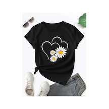 Medinenur Papatya Ve Kalp Baskılı Basic T-shirt Siyah