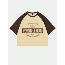 Wonderful Mood Süprem Crop T-shirt - Bej Kahve Baskılı Oversize Bisiklet Yaka Tişört Bej Kahve