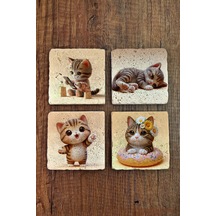Doğal Taş Bardak Altlığı 4'lü Set 10x10x1 Cm Sevimli Kedi Desenleri -stone Coasters Çok Renkli