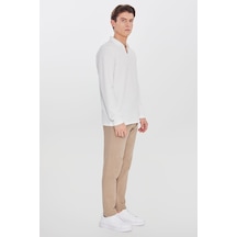 Erkek Bej Keten Slim Fit Dar Kesim Beli Bağlamalı Yan Cepli Casual Pantolon Bej