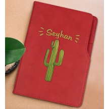 Bk Gift Kişiye Özel Kaktüs Tasarımlı Kırmızı Termo Deri Not Defteri 15x21cm-1